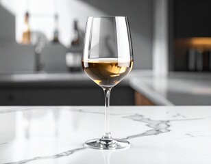 Wine glass filled with white wine on marble countertop in modern kitchen