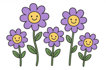 Naklejka premium Purple cartoon flowers with smiley faces doodle illustration, a joyful and cheerful blossom design on transparent background