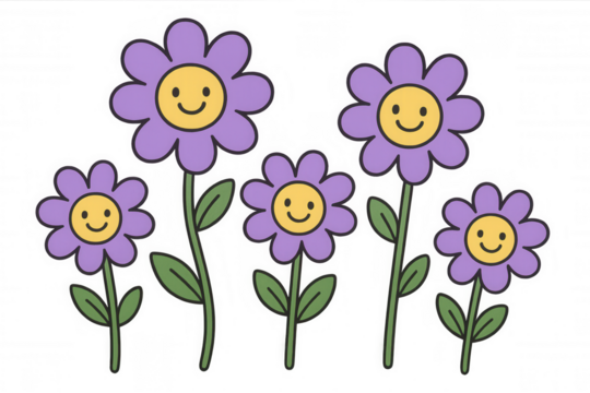 Purple cartoon flowers with smiley faces doodle illustration, a joyful and cheerful blossom design on transparent background - Powered by Adobe