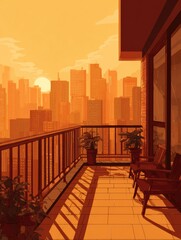 Naklejka premium Calm Sunset Over a City Skyline Viewed From a Cozy Balcony With Plants and Wooden Chairs
