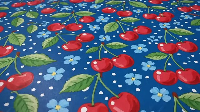 Vibrant blue background with a cheerful cherry and floral pattern, perfect for summer designs.
