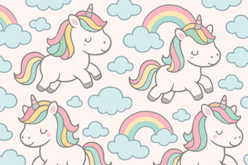 Cute cartoon unicorns with colorful manes and tails surrounded by fluffy clouds and rainbows seamless pattern