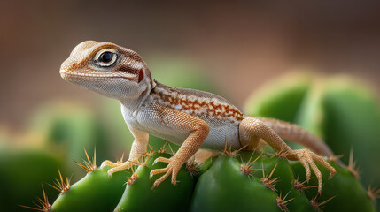 Obraz premium Baby lizard with textured skin and large eye perched on green cactus with sharp spines in natural outdoor environment, showing reptile detail and desert habitat beauty