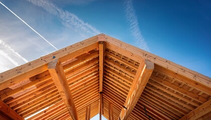 construction of a wooden roof structure under a blue sky during daylight hours