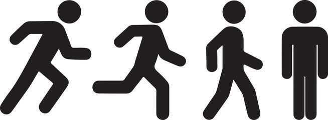 Set of stylized human figures depicting walking running and standing poses isolated on transparent background