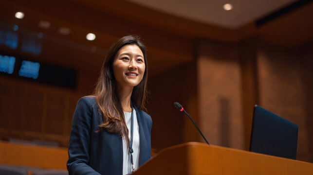 Asian Woman Presenting at High-Tech Seminar Hall with LED Screens