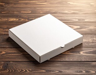 Fototapeta premium White pizza box closed on a rustic wooden table surface