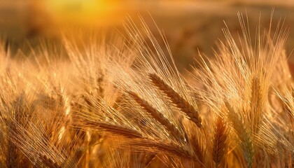 close up of yellow straws of rye in early morning sunlight