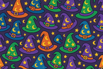 Naklejka premium Whimsical halloween witch hats pattern with stars and moons on a dark background
