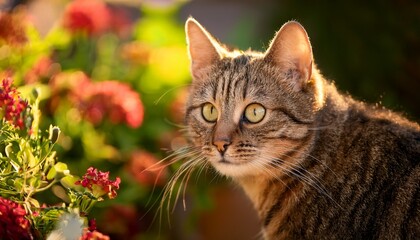 a beautiful tabby cat in the garden