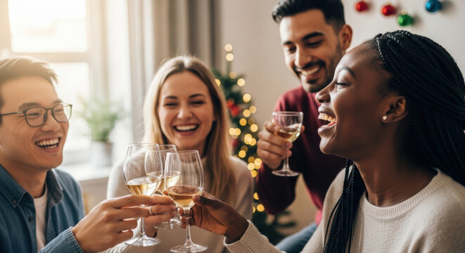 Diverse group of young adults cheerfully toasting wine glasses together in a warm, festive living room celebrating the holidays. - Powered by Adobe