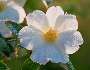 white star burst bush flower in early morning with fresh dewdrops on delicate petals and soft green blurred background