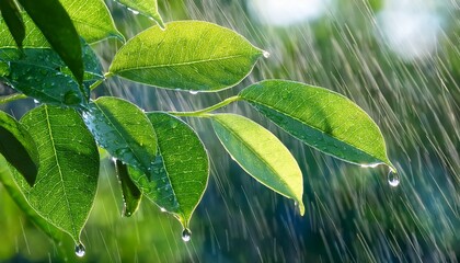 dewy green leaves in gentle rain