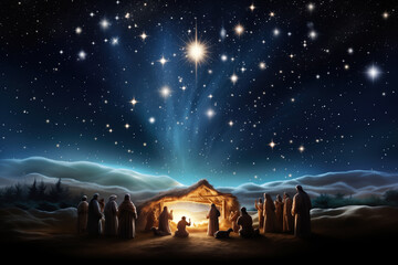 Wooden Stable at Dark Blue Starry Night, Jesus Christ Birth Concept