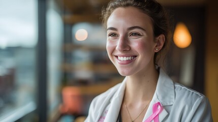 Confident Young Female Physician with Breast Cancer Awareness Ribbon