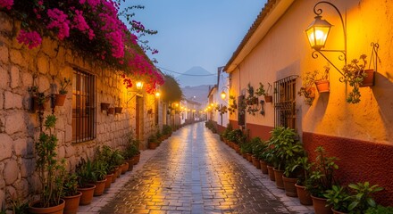 Obraz premium Charming colonial alley at dusk with glowing lanterns, stone and yellow walls, cobblestone path, potted plants, and mountain view, capturing the tranquil and romantic ambiance of a Latin American town