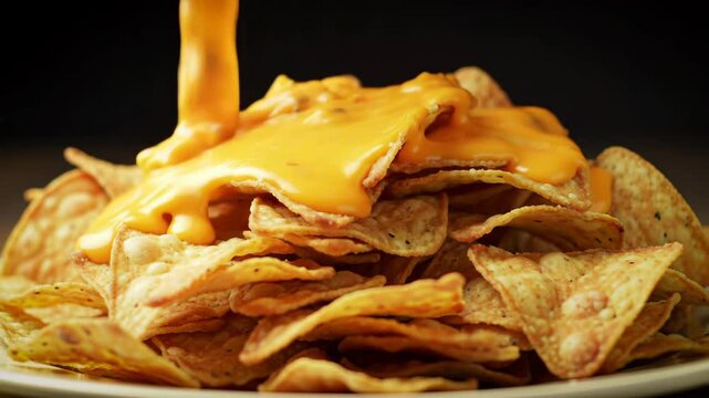 Nachos with cheese being poured onto them against dark background for advertising