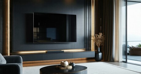 Glossy dark black tv off mounted near concierge in quiet luxury interior