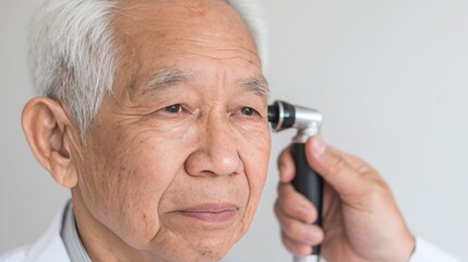 Elderly Man Undergoing Ear Inspection with Otoscope in Clinical Setting