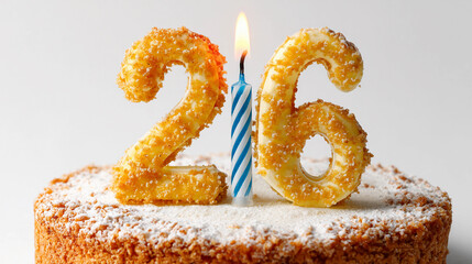 Celebrating a special 26th birthday with a decorated cake and a lit candle on top, showcasing a sweet treat for friends and family to enjoy together