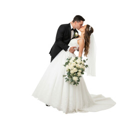 Passionate bride and groom share a tender kiss on their wedding day, embracing true love and celebrating their beautiful union with a stunning floral bouquet