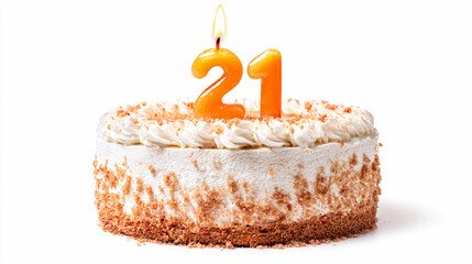 Celebration cake with candle marking 21st birthday surrounded by frosting and crumbs