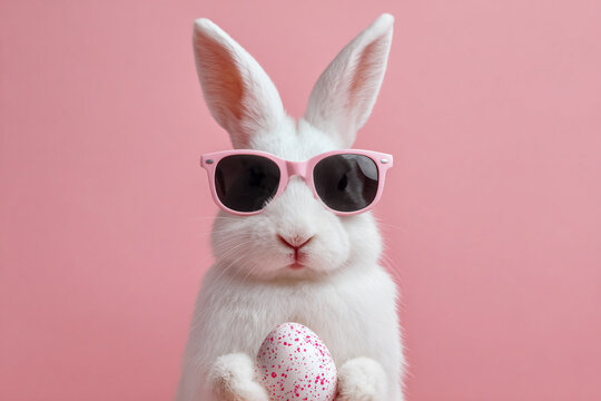 Cute white bunny wearing pink sunglasses holding a speckled Easter egg on a pink background - Powered by Adobe