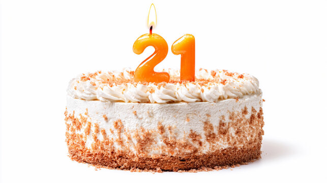 Celebration cake with candle marking 21st birthday surrounded by frosting and crumbs