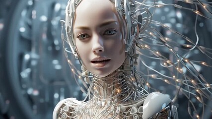 Artificial intelligence. Girl - robot with wires attached to the back of the head. Beautiful female robot face. Cyborg connected to the network with cables. Light color video. The future of humanity - Powered by Adobe