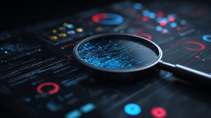 Magnifying glass over digital data visualization with graphs and charts in a dark environment