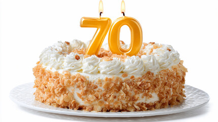 Celebrating a special birthday with a delicious cake featuring yellow candles marking the milestone of turning seventy years old, decorated with whipped cream and nuts