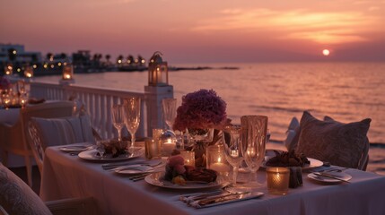 Romantic seaside dinner setting with elegant tableware and sunset ambiance for special occasions