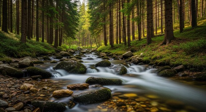 Stunning forest stream with mossy rocks offering serene nature vibes and a calming escape, perfect for travel blogs or peaceful backgrounds for nature lovers