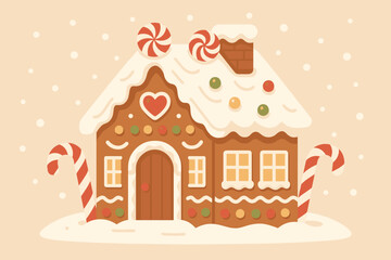 Gingerbread house decorated with candy and snow on winter background  