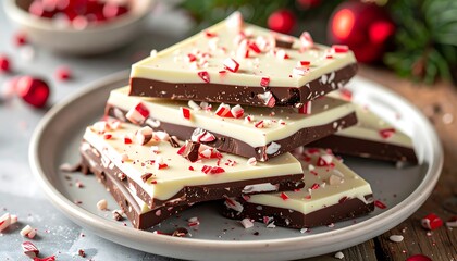 Stacked peppermint chocolate bark on a plate