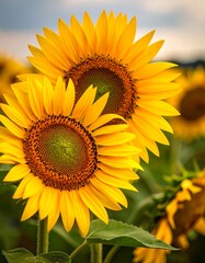 Obraz premium Two vibrant sunflowers, close-up, golden yellow petals, dark brown centers, green leaves, in a field