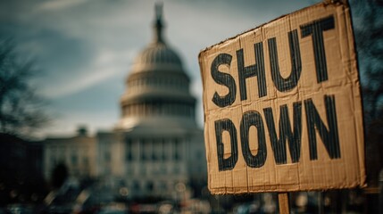 Protest Sign with "SHUT DOWN" Against U.S. Capitol Dome in Soft Focus