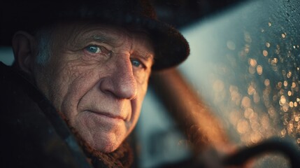 Elderly Man Gazing Thoughtfully Through a Rain-Splattered Car Window on a Stormy Evening While Wearing a Dark Fedora and Coat