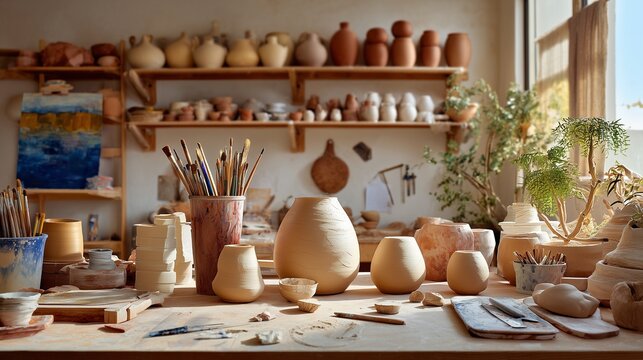 Artisan pottery workshop with clay and tools in warm tones. - Powered by Adobe