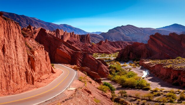 a winding road through the spectacular quebrada de las conchas or quebrada de cafayate salta province northwest argentina