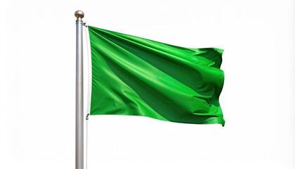 Green flag waving on silver pole with gold finial, isolated on white background, clean and symbolic.