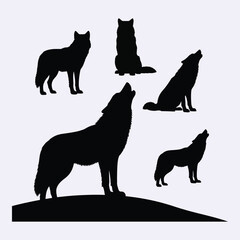 A collection of wolf poses depicted in dark shadow silhouette