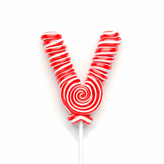 Obraz premium letter V shaped like a spiral lollipop, aerial top-down view, red candy on a white stick, clean background, photorealistic, high detail