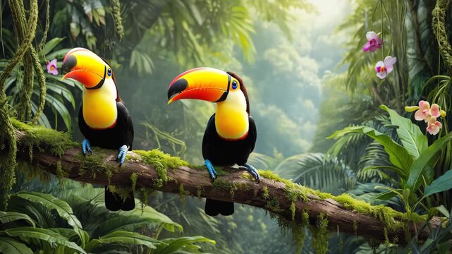 Two vibrant toucans perched on a moss-covered branch amidst a lush tropical rainforest with