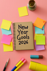 Notebook displaying new year goals 2026 with colorful sticky notes