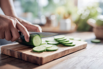 Hands slicing fresh cucumber into rounds on cutting board