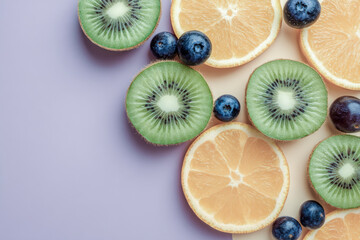 Sliced kiwi, orange, and blueberry fruit composition