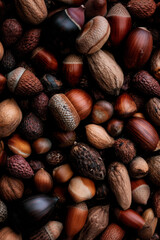 Variety of seeds and nuts forming autumn background