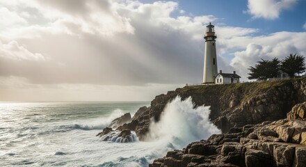Obraz premium Majestic lighthouse stands tall on rocky coast as powerful waves crash against the shore creating a stunning coastal landscape perfect for travel brochures