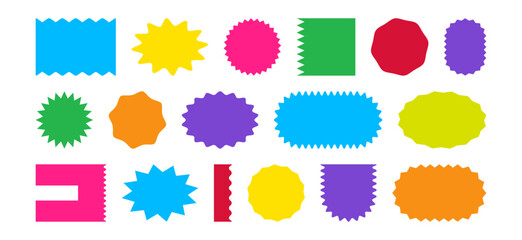 Shape sticker icon, star burst label. Round bubble price tag badge. Retro discount stamp, color empty best sale coupon. Circle, rectangle, oval set isolated on white bg. Simple vector illustration